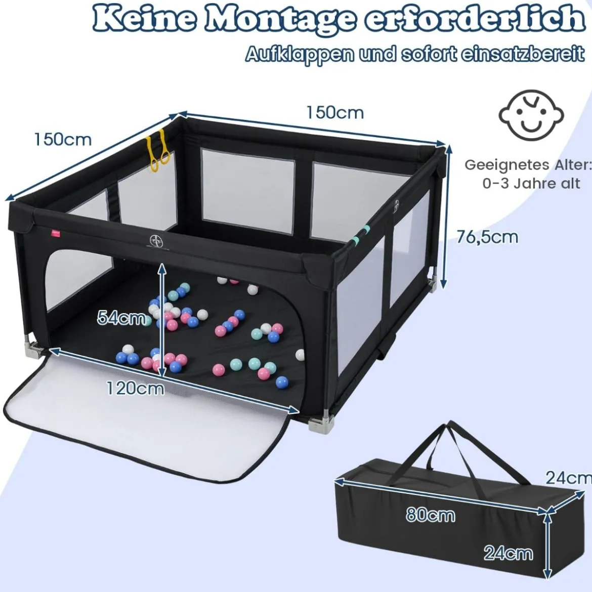 150 x 150 cm Laufstall Baby faltbar Laufgitter mit 50 Bälle 4 Griffe & Reißverschlusstor Hellgrau/Blau