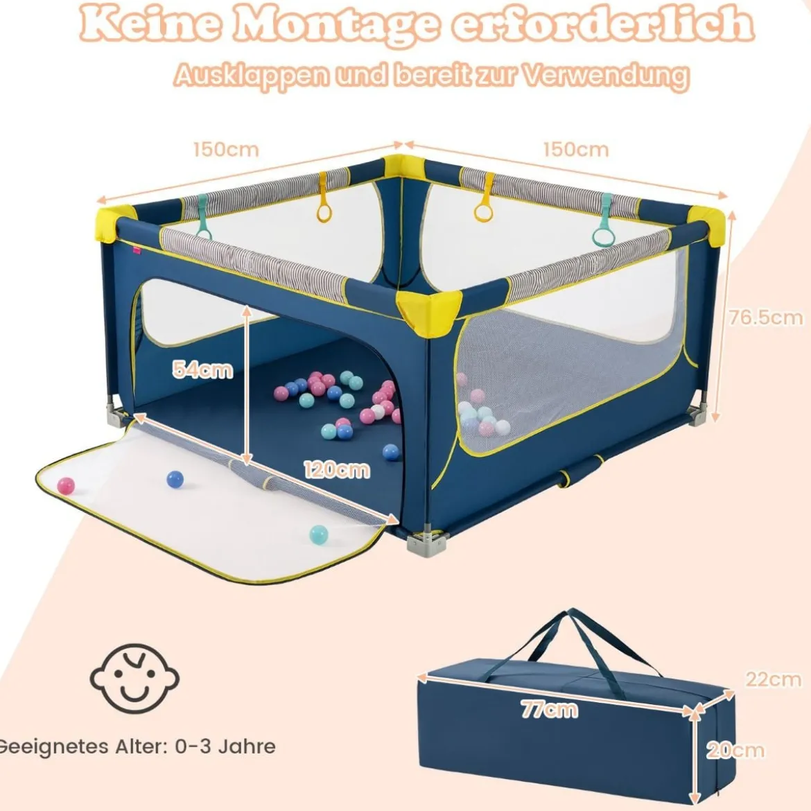 150 x 150 cm Laufstall Baby faltbar Laufgitter mit 50 Bälle 4 Griffe & Reißverschlusstor Hellgrau/Blau