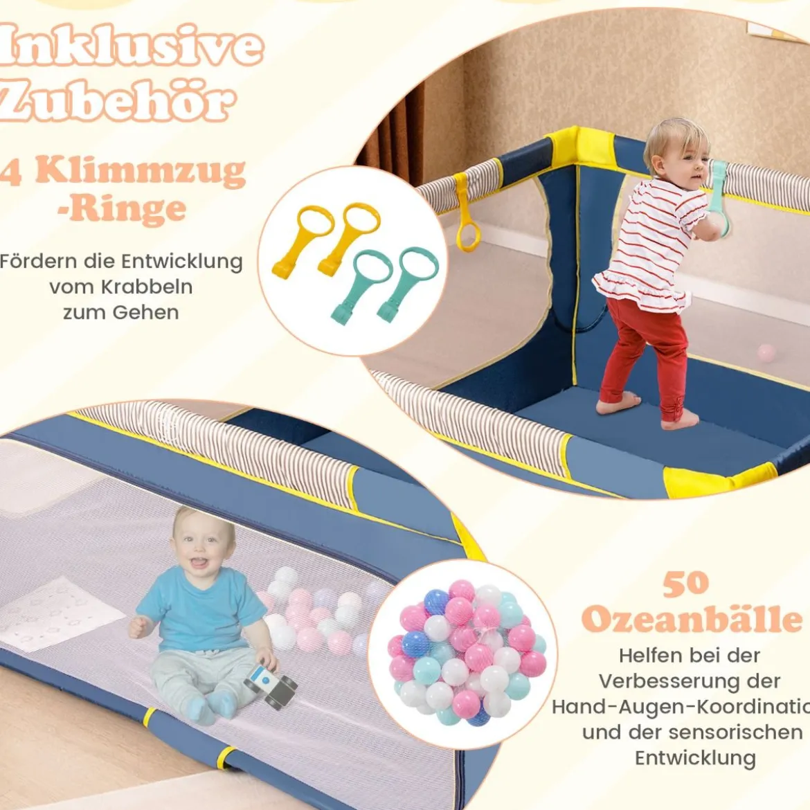 150 x 150 cm Laufstall Baby faltbar Laufgitter mit 50 Bälle 4 Griffe & Reißverschlusstor Hellgrau/Blau