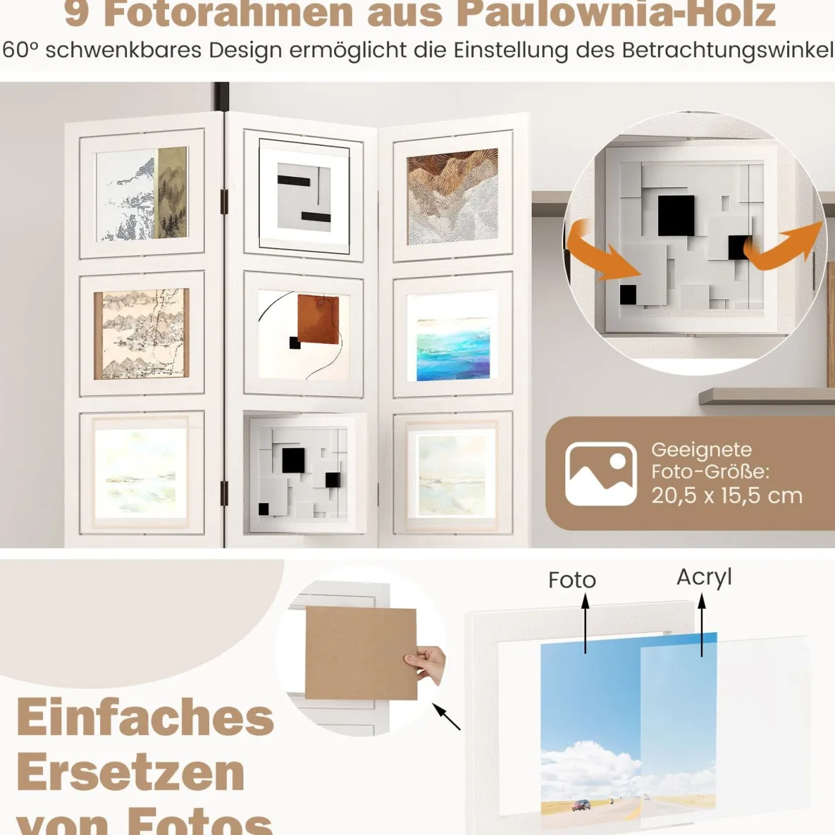 170 x 121 cm Paravent mit 360° Drehbare 9 Fotorahmen Raumteiler aus Paulowniaholz Weiß