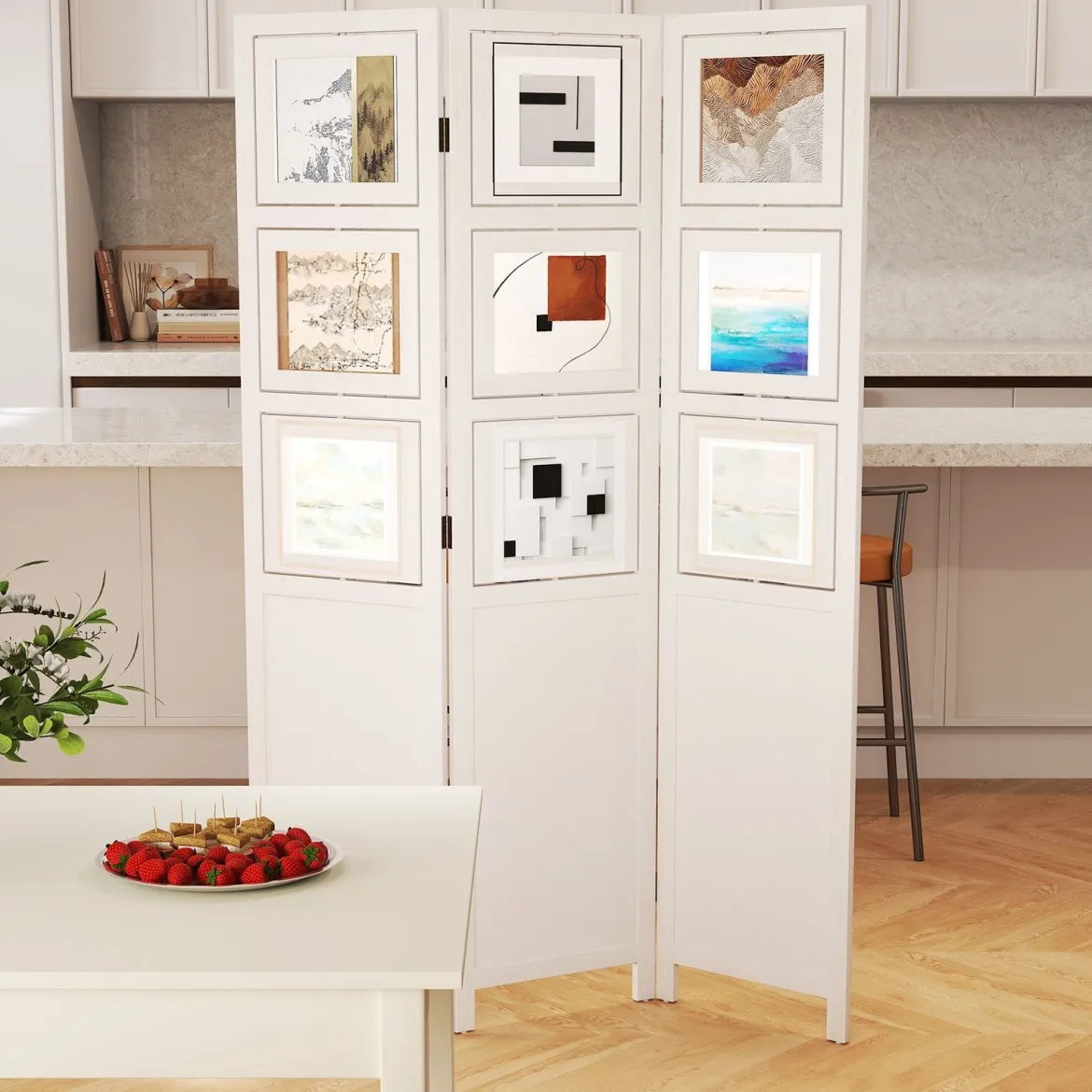 170 x 121 cm Paravent mit 360° Drehbare 9 Fotorahmen Raumteiler aus Paulowniaholz Weiß