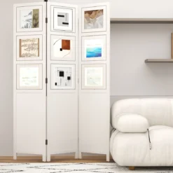 170 x 121 cm Paravent mit 360° Drehbare 9 Fotorahmen Raumteiler aus Paulowniaholz Weiß