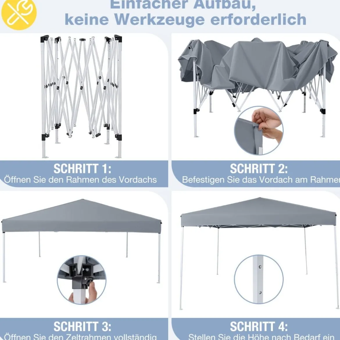 290 x 290 cm Pop-Up-Pavillon Höhenverstellbar Faltbar mit Zubehör für Camping Strand Grau