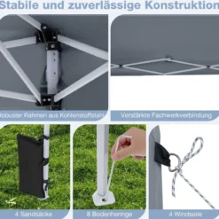 290 x 290 cm Pop-Up-Pavillon Höhenverstellbar Faltbar mit Zubehör für Camping Strand Grau