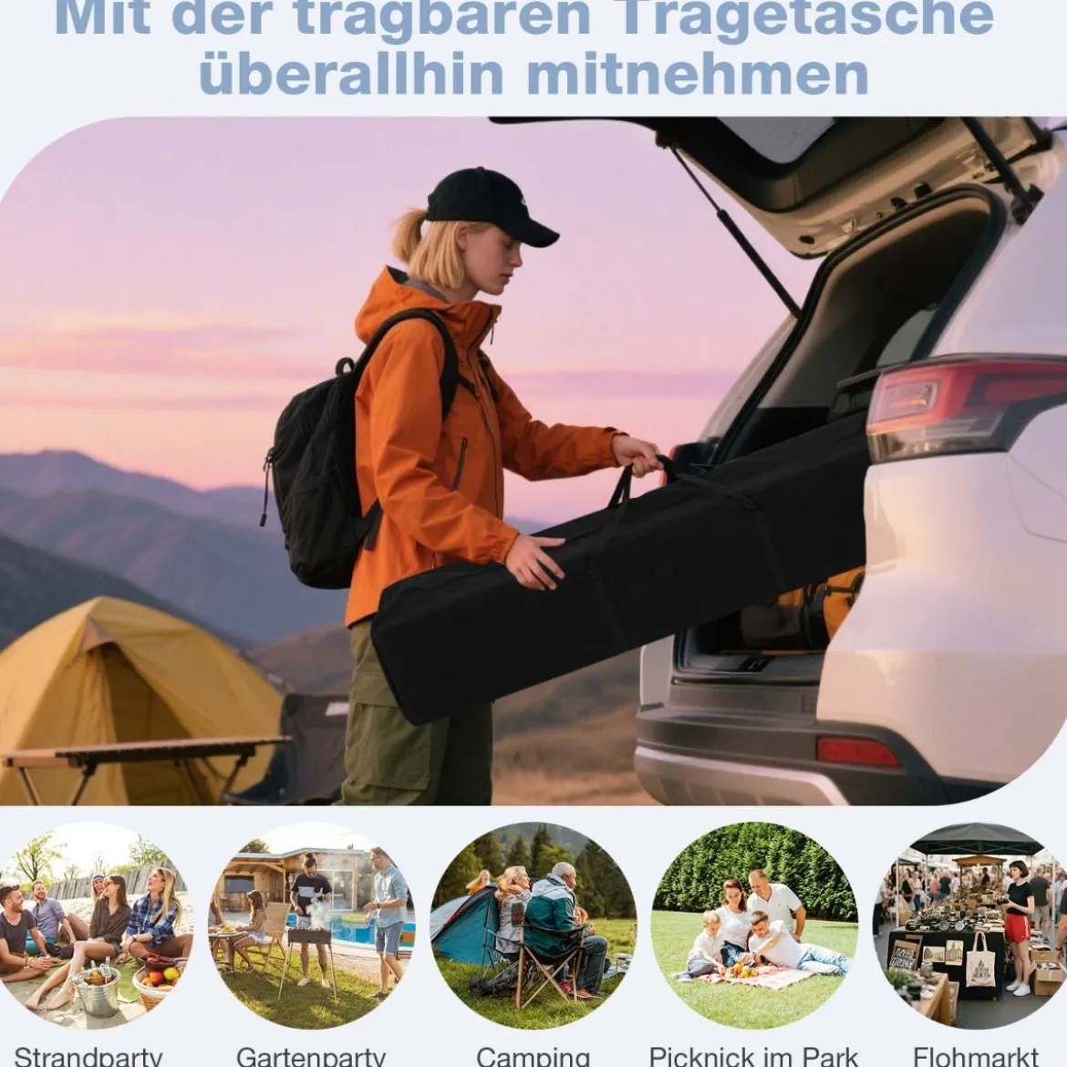 290 x 290 cm Pop-Up-Pavillon Höhenverstellbar Faltbar mit Zubehör für Camping Strand Grau