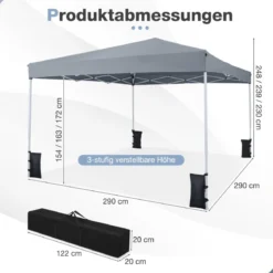 290 x 290 cm Pop-Up-Pavillon Höhenverstellbar Faltbar mit Zubehör für Camping Strand Grau