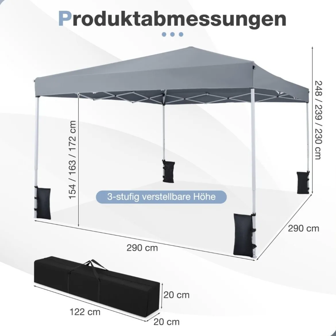 290 x 290 cm Pop-Up-Pavillon Höhenverstellbar Faltbar mit Zubehör für Camping Strand Grau