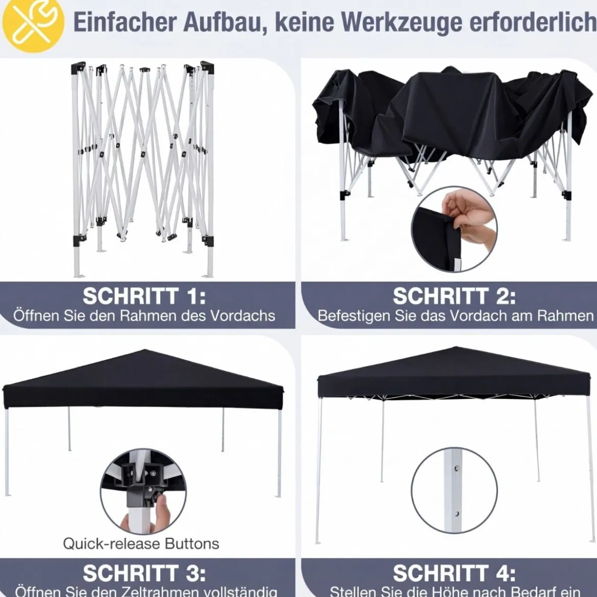 290 x 290 cm Pop-Up-Pavillon Höhenverstellbar mit Zubehör für Strand Camping Schwarz