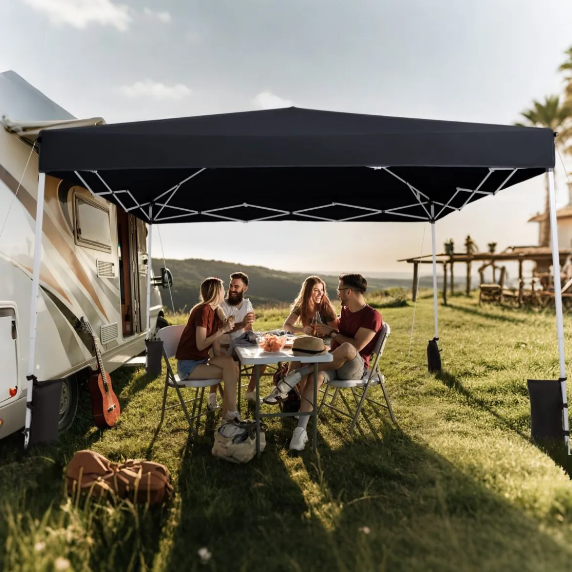 290 x 290 cm Pop-Up-Pavillon Höhenverstellbar mit Zubehör für Strand Camping Schwarz