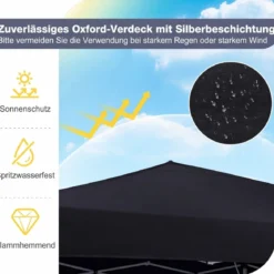 290 x 290 cm Pop-Up-Pavillon Höhenverstellbar mit Zubehör für Strand Camping Schwarz