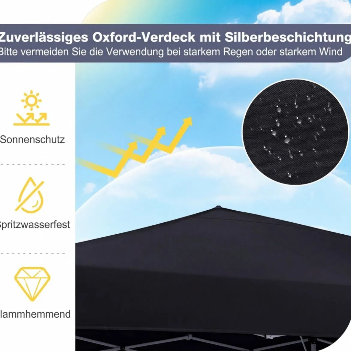 290 x 290 cm Pop-Up-Pavillon Höhenverstellbar mit Zubehör für Strand Camping Schwarz