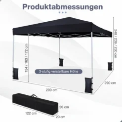 290 x 290 cm Pop-Up-Pavillon Höhenverstellbar mit Zubehör für Strand Camping Schwarz