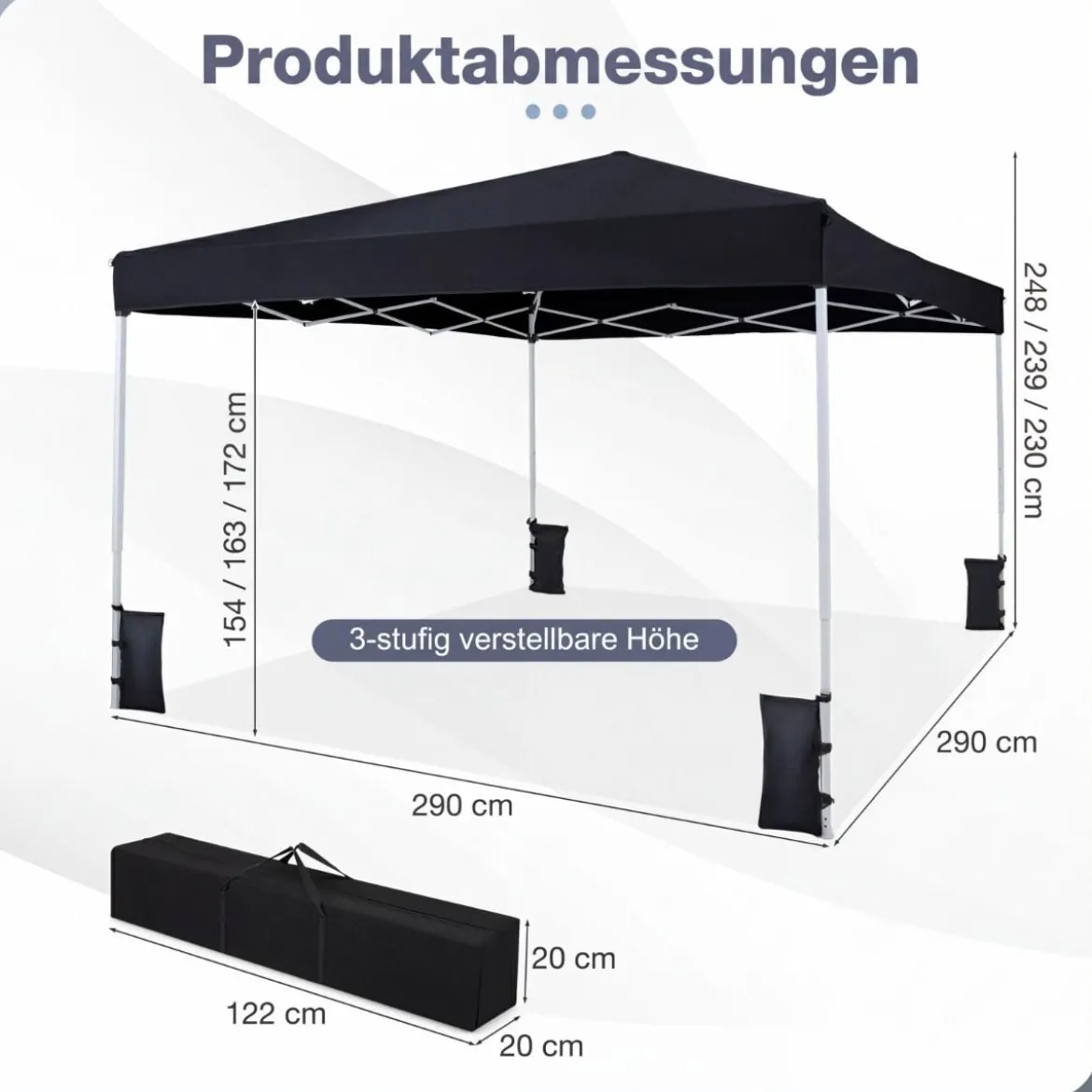 290 x 290 cm Pop-Up-Pavillon Höhenverstellbar mit Zubehör für Strand Camping Schwarz