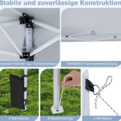 290 x 290 cm Pop-Up-Pavillon Höhenverstellbar Faltbar mit Zubehör für Camping Strand Weiß