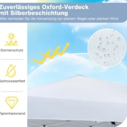 290 x 290 cm Pop-Up-Pavillon Höhenverstellbar Faltbar mit Zubehör für Camping Strand Weiß