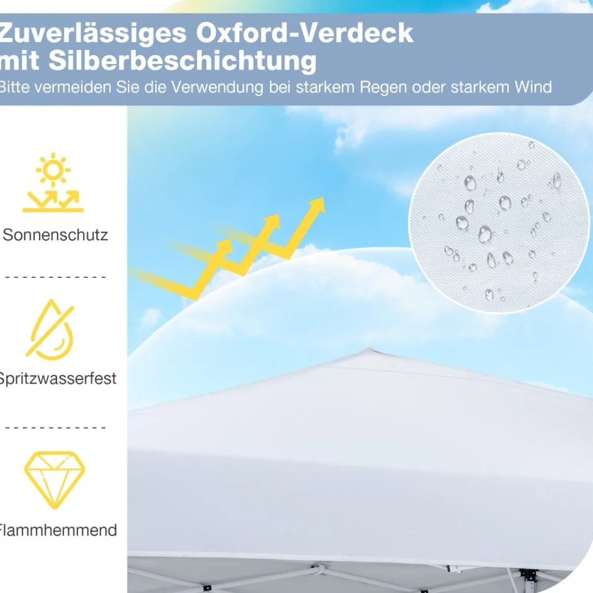 290 x 290 cm Pop-Up-Pavillon Höhenverstellbar Faltbar mit Zubehör für Camping Strand Weiß