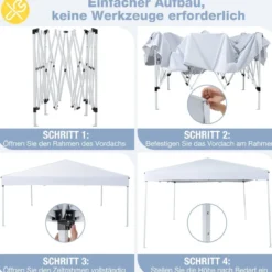 290 x 290 cm Pop-Up-Pavillon Höhenverstellbar Faltbar mit Zubehör für Camping Strand Weiß