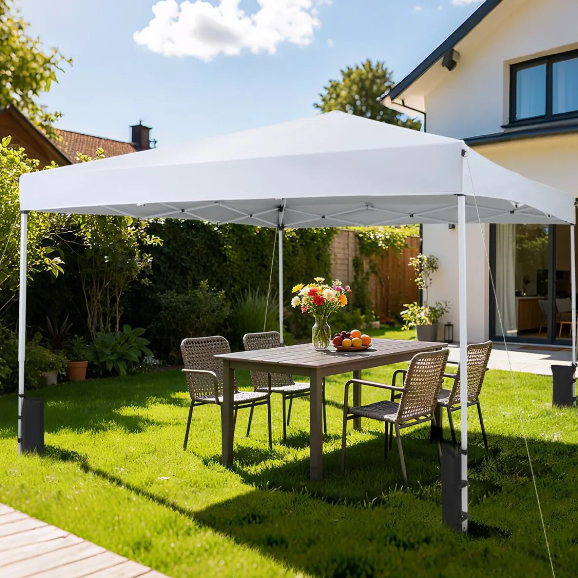 290 x 290 cm Pop-Up-Pavillon Höhenverstellbar Faltbar mit Zubehör für Camping Strand Weiß