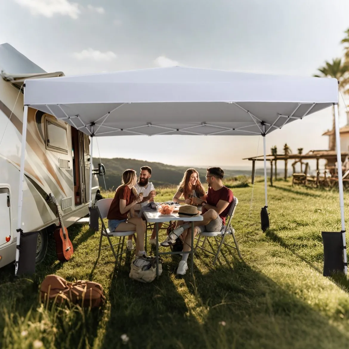 290 x 290 cm Pop-Up-Pavillon Höhenverstellbar Faltbar mit Zubehör für Camping Strand Weiß