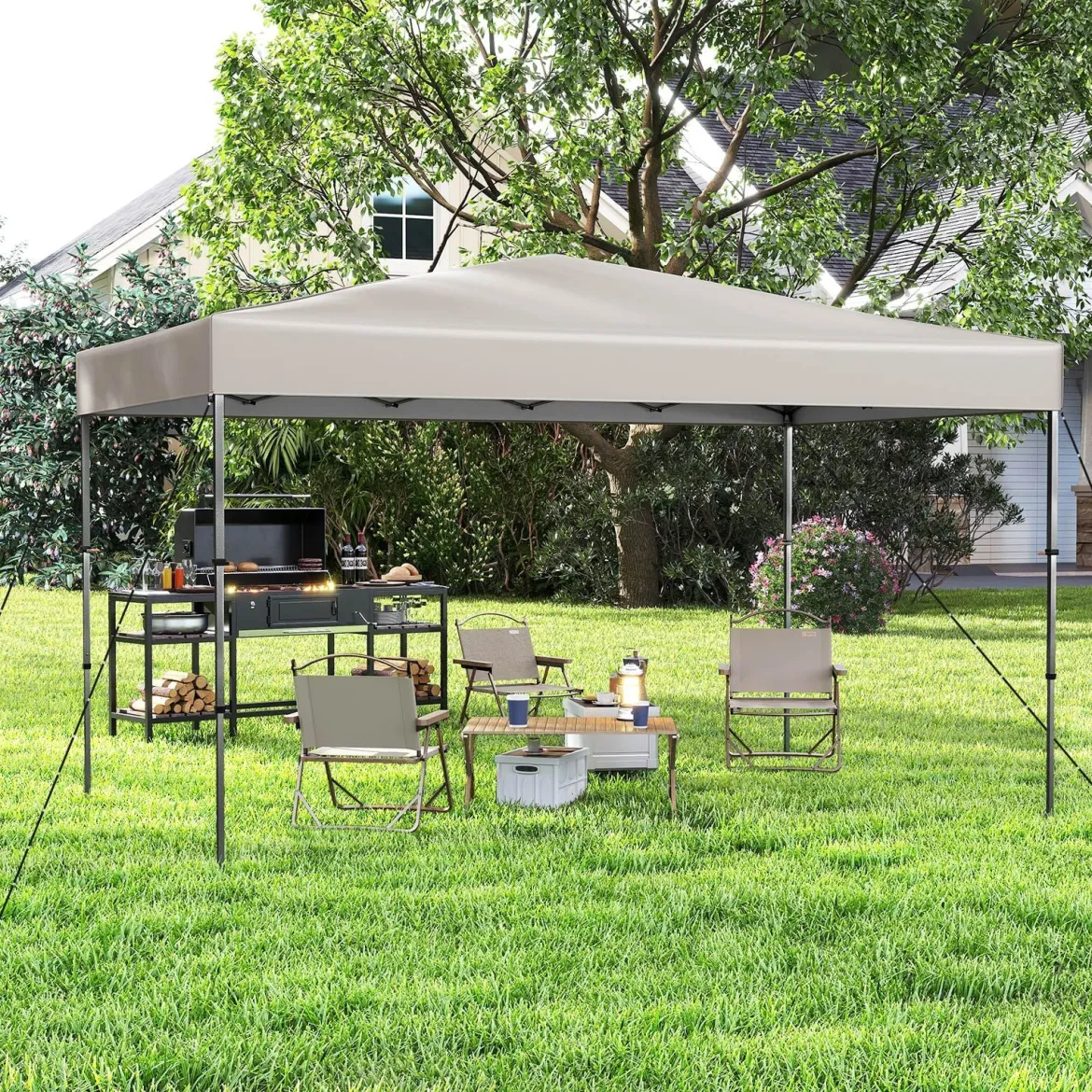 365 x 225 cm Pop-up-Pavillon mit tragbarer Tragetasche 9 Heringe 4 Windseile faltbarer Outdoor-Sonnenschutz Pavillon Beige