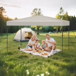 365 x 225 cm Pop-up-Pavillon mit tragbarer Tragetasche 9 Heringe 4 Windseile faltbarer Outdoor-Sonnenschutz Pavillon Beige