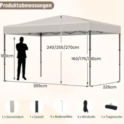 365 x 225 cm Pop-up-Pavillon mit tragbarer Tragetasche 9 Heringe 4 Windseile faltbarer Outdoor-Sonnenschutz Pavillon Beige