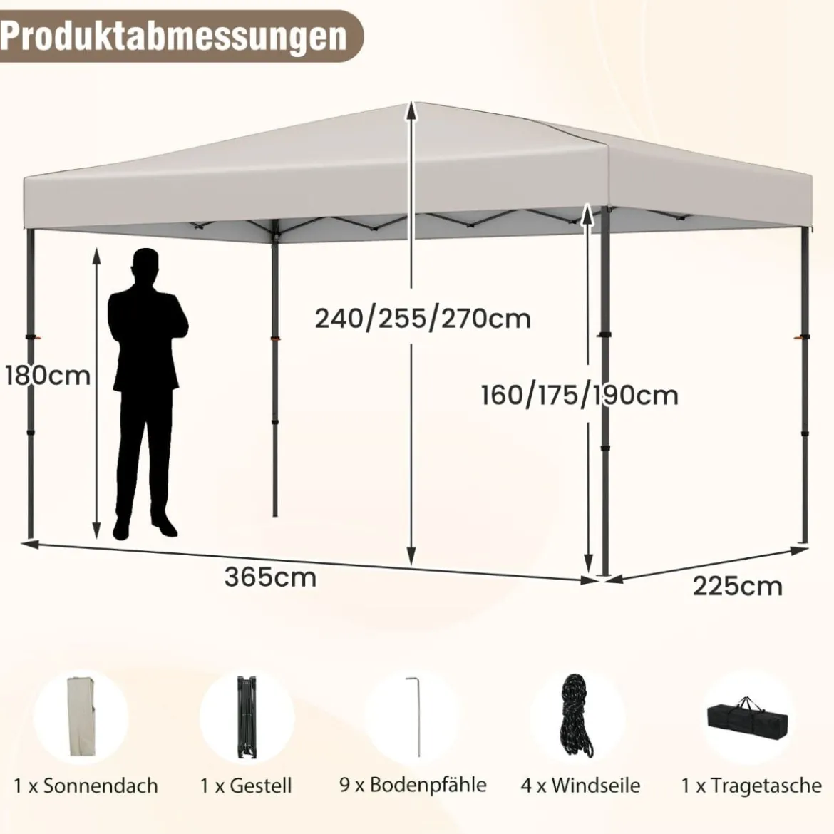365 x 225 cm Pop-up-Pavillon mit tragbarer Tragetasche 9 Heringe 4 Windseile faltbarer Outdoor-Sonnenschutz Pavillon Beige