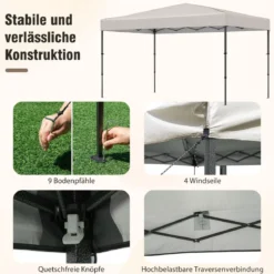 365 x 225 cm Pop-up-Pavillon mit tragbarer Tragetasche 9 Heringe 4 Windseile faltbarer Outdoor-Sonnenschutz Pavillon Beige