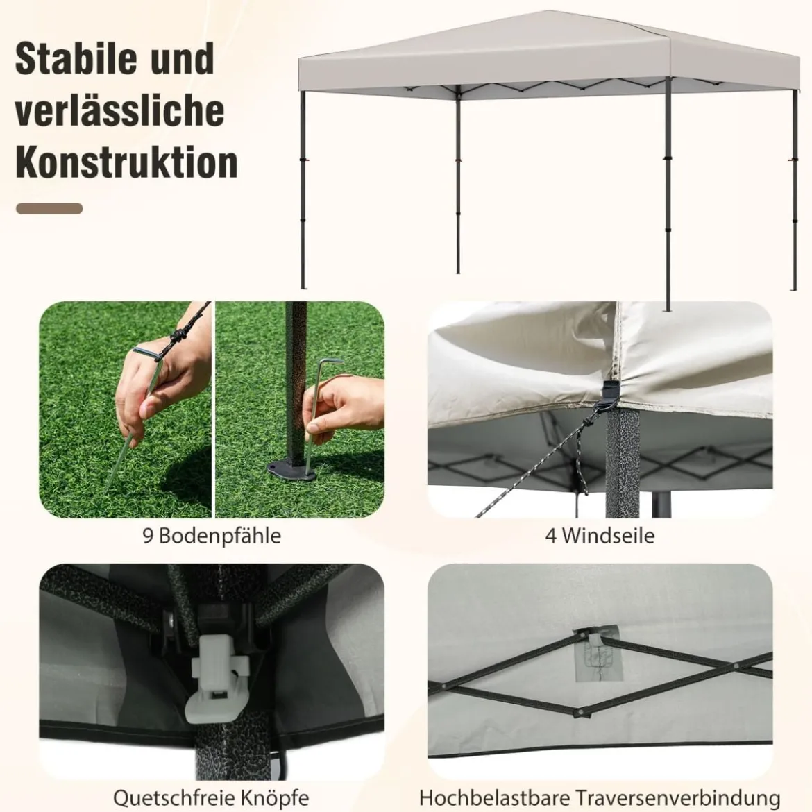 365 x 225 cm Pop-up-Pavillon mit tragbarer Tragetasche 9 Heringe 4 Windseile faltbarer Outdoor-Sonnenschutz Pavillon Beige