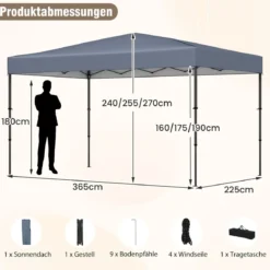 365 x 225 cm Pop-up-Pavillon mit tragbarer Tragetasche 9 Heringe 4 Windseile faltbarer Outdoor-Sonnenschutz Pavillon Grau
