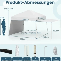 430 x 280 cm Pop-up Pavillon mit 2 Umwandelbaren Seitenwänden zu Markise Weiß