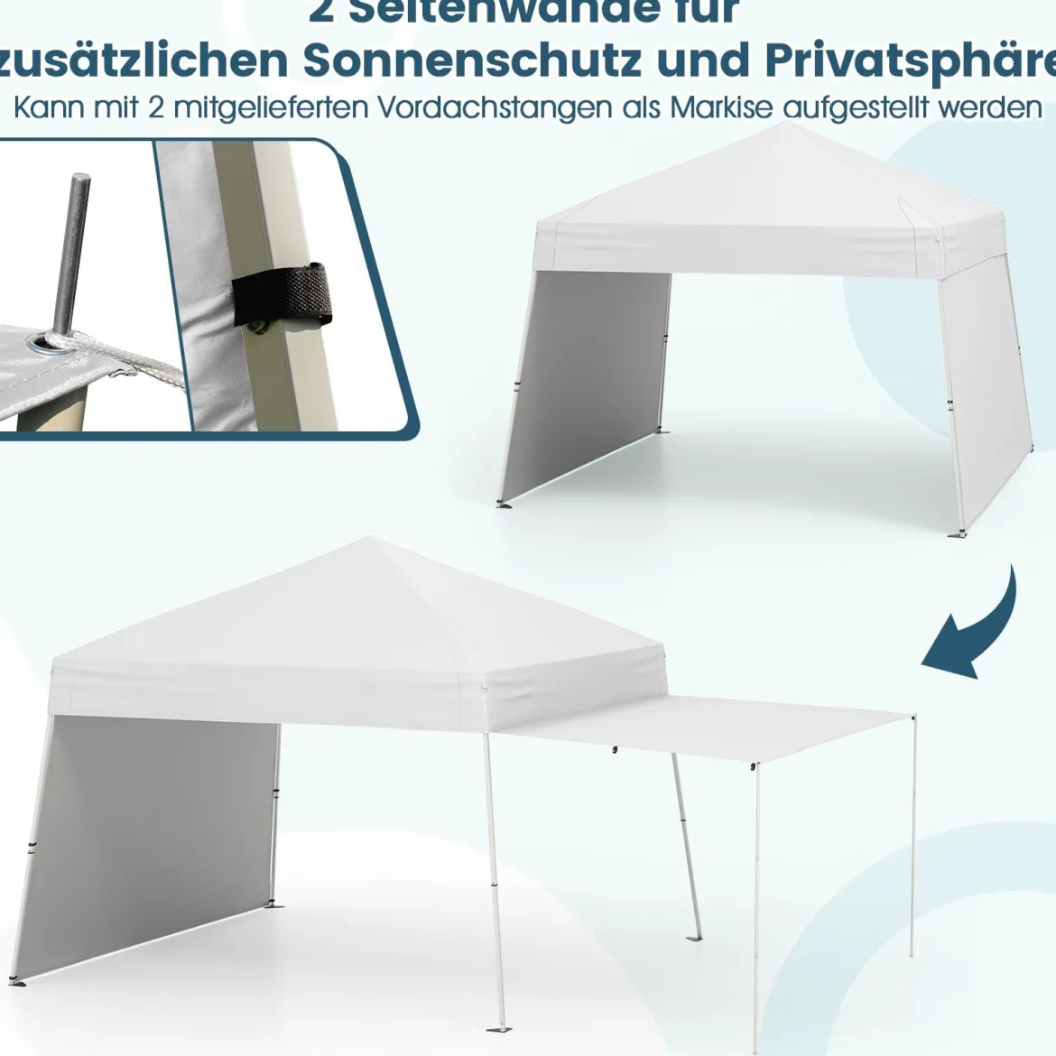 430 x 280 cm Pop-up Pavillon mit 2 Umwandelbaren Seitenwänden zu Markise Weiß