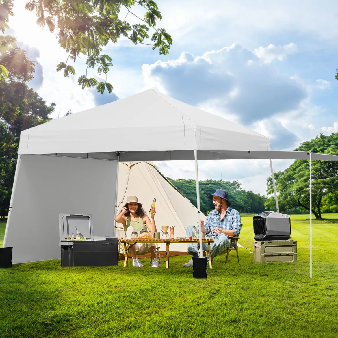 430 x 280 cm Pop-up Pavillon mit 2 Umwandelbaren Seitenwänden zu Markise Weiß