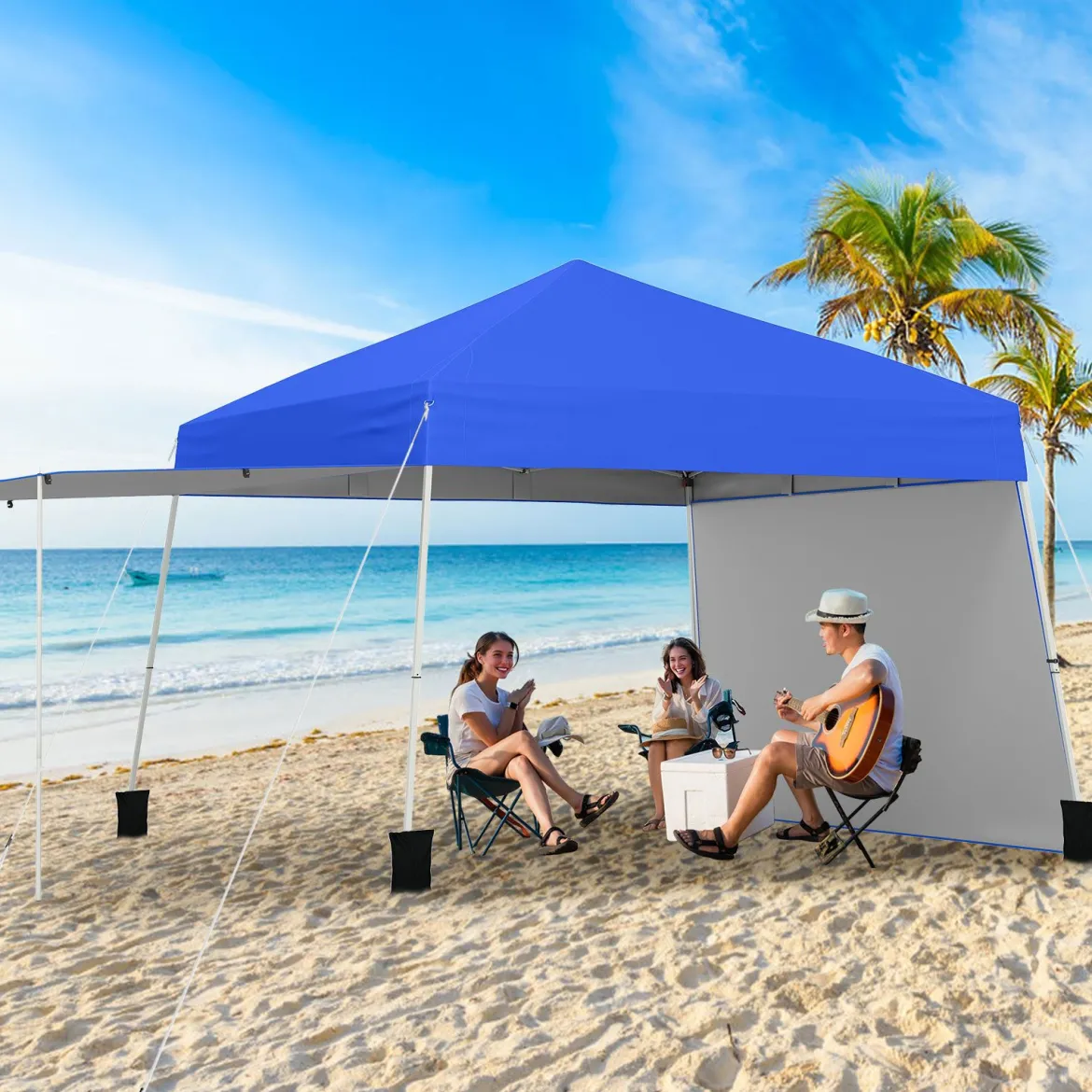 430 x 280cm Pop-up Pavillon mit 2 Umwandelbaren Seitenwänden zu Markise Blau