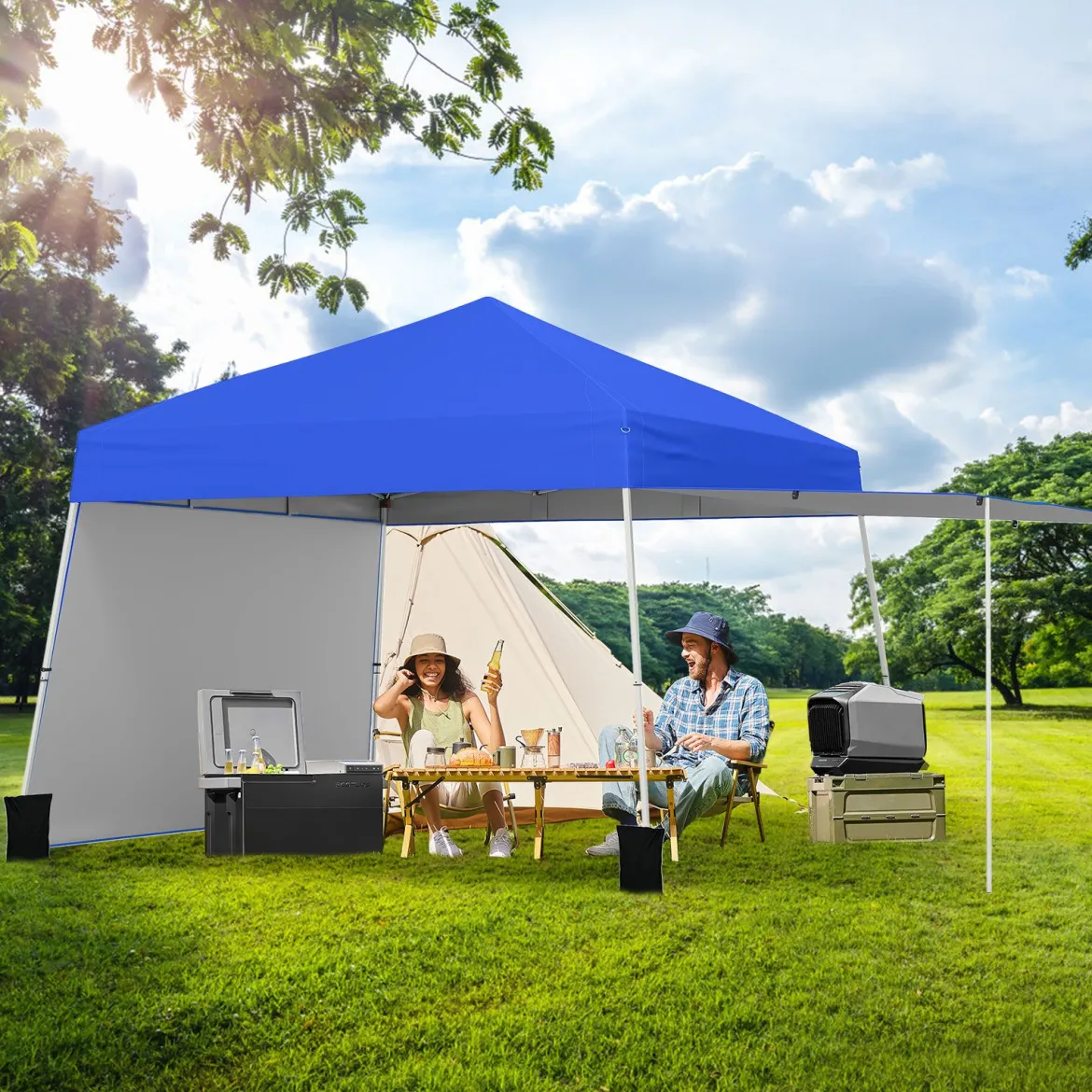 430 x 280cm Pop-up Pavillon mit 2 Umwandelbaren Seitenwänden zu Markise Blau