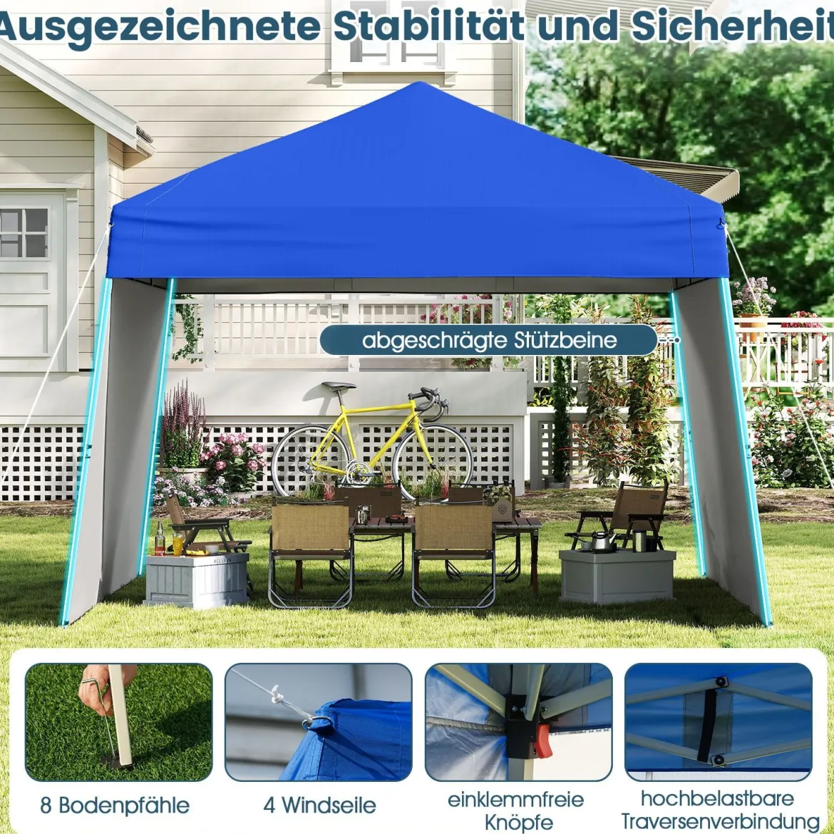 430 x 280cm Pop-up Pavillon mit 2 Umwandelbaren Seitenwänden zu Markise Blau