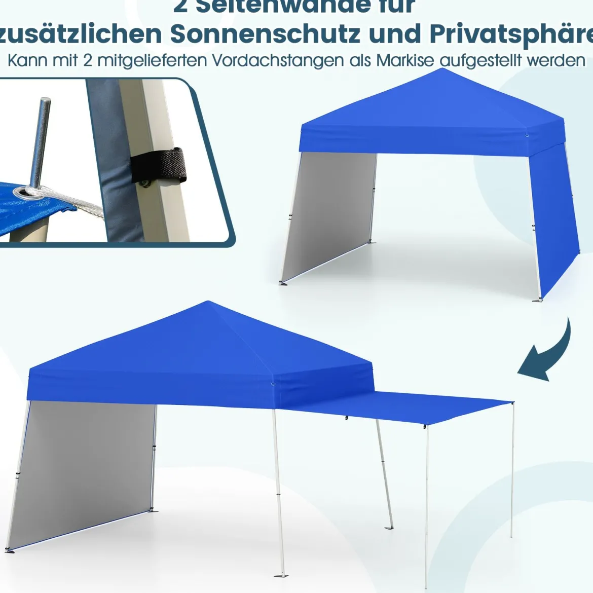 430 x 280cm Pop-up Pavillon mit 2 Umwandelbaren Seitenwänden zu Markise Blau