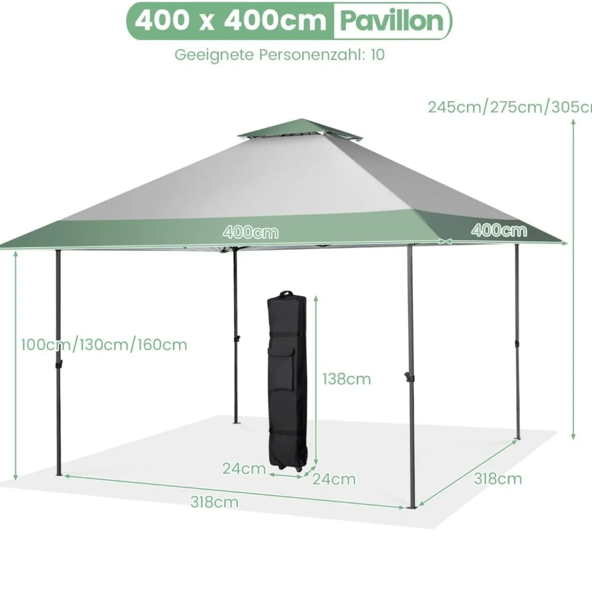 400 x 400 cm Pop-Up-Pavillon UV-Überdachungszelt mit 4 verstärkten Rippen Grün