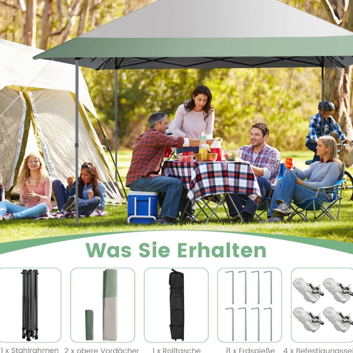 400 x 400 cm Pop-Up-Pavillon UV-Überdachungszelt mit 4 verstärkten Rippen Grün