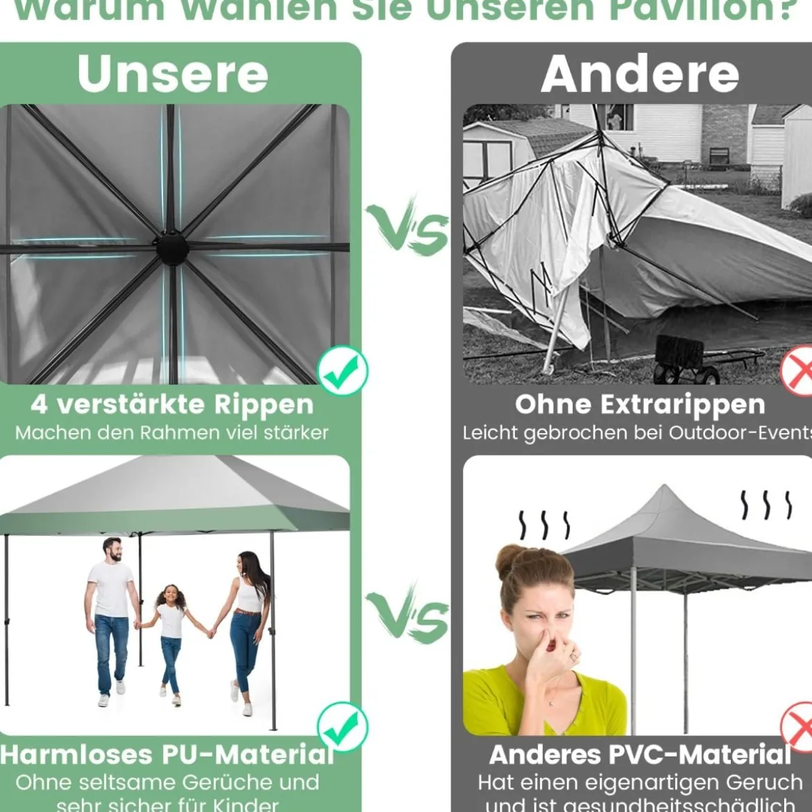 400 x 400 cm Pop-Up-Pavillon UV-Überdachungszelt mit 4 verstärkten Rippen Grün
