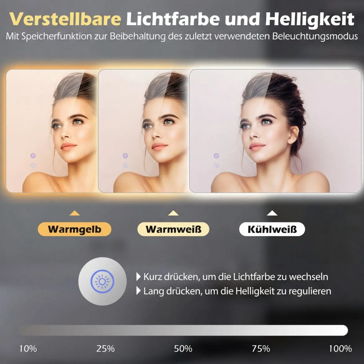70 x 50 cm Rechteckiger LED-beleuchteter Spiegel Wandmontierter Badezimmerspiegel
