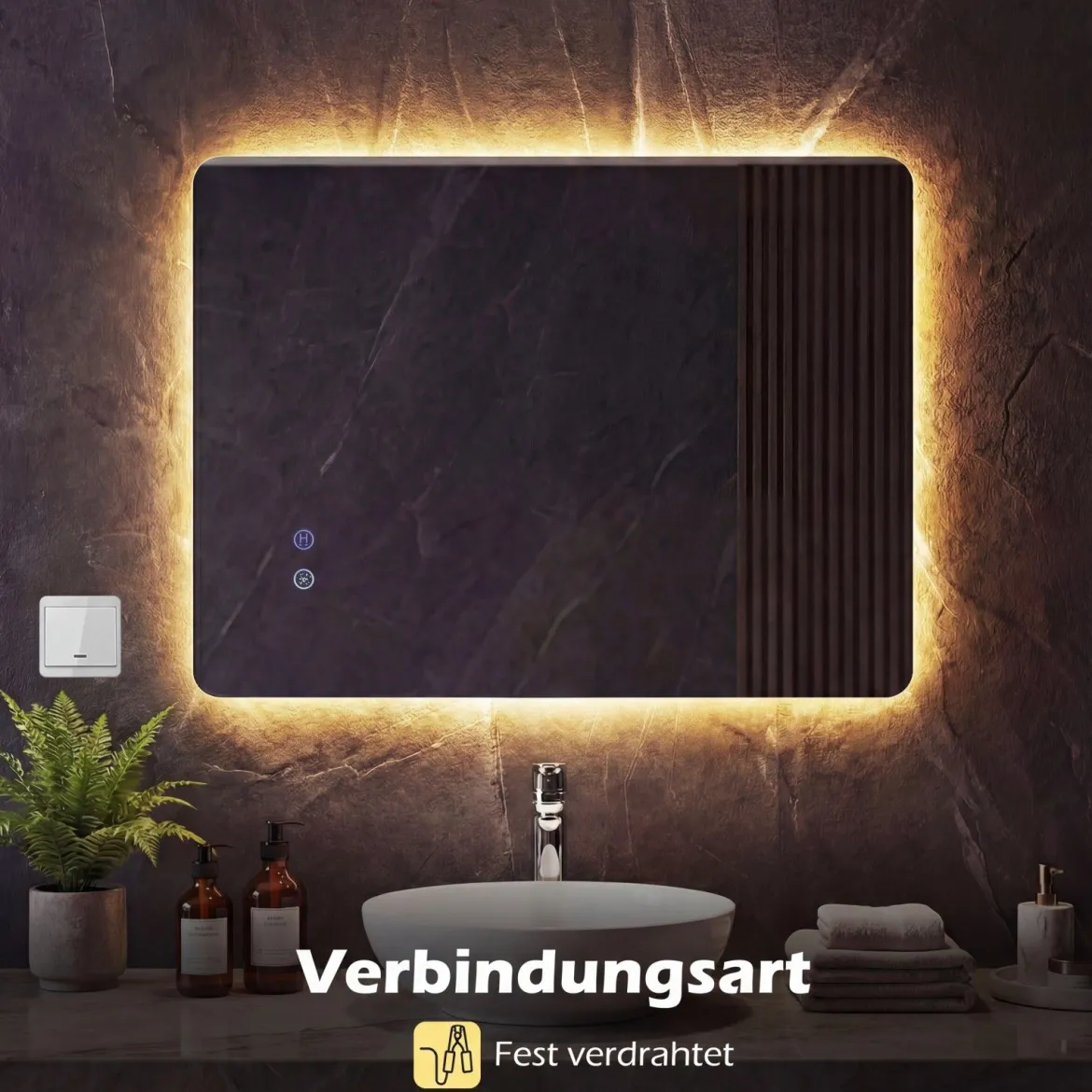 70 x 50 cm Rechteckiger LED-beleuchteter Spiegel Wandmontierter Badezimmerspiegel