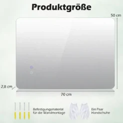 70 x 50 cm Rechteckiger LED-beleuchteter Spiegel Wandmontierter Badezimmerspiegel
