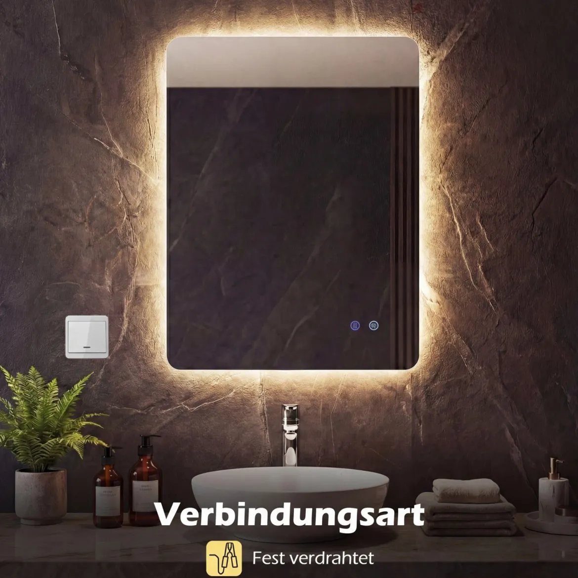 80 x 60 cm Rechteckiger LED-beleuchteter Spiegel Wandmontierter Badezimmerspiegel