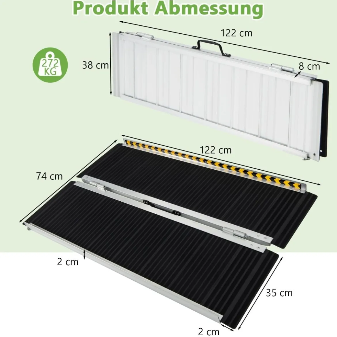 122 x 74 cm Rollstuhlrampe Tragbare & Anti-Rutsch Klapprampe bis zu 272kg Belastbar Aluminium