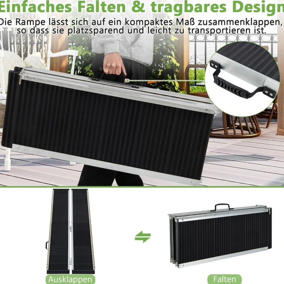 183 x 74 cm Rollstuhlrampe Tragbare & Anti-Rutsch Klapprampe bis zu 272kg Belastbar Aluminium