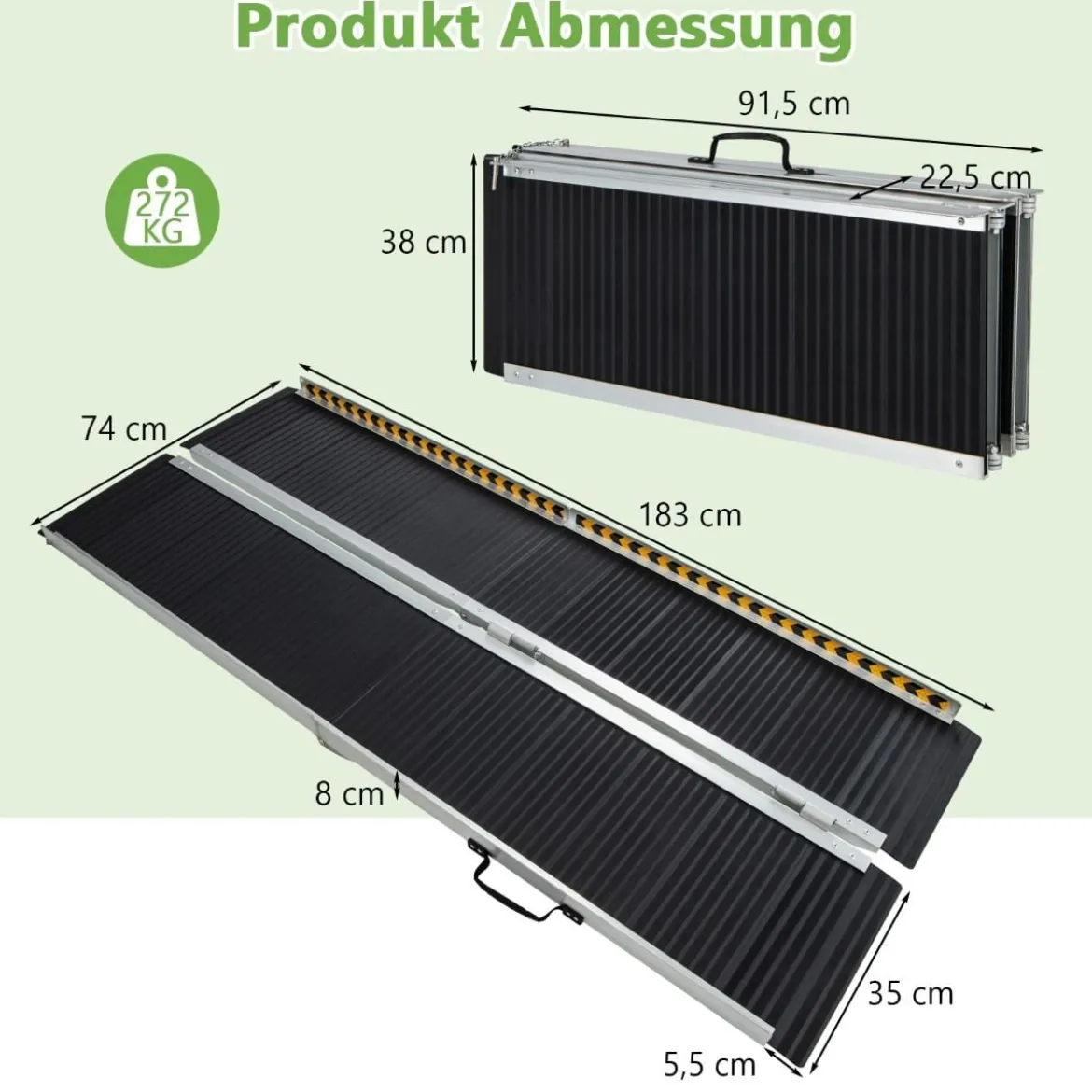 183 x 74 cm Rollstuhlrampe Tragbare & Anti-Rutsch Klapprampe bis zu 272kg Belastbar Aluminium
