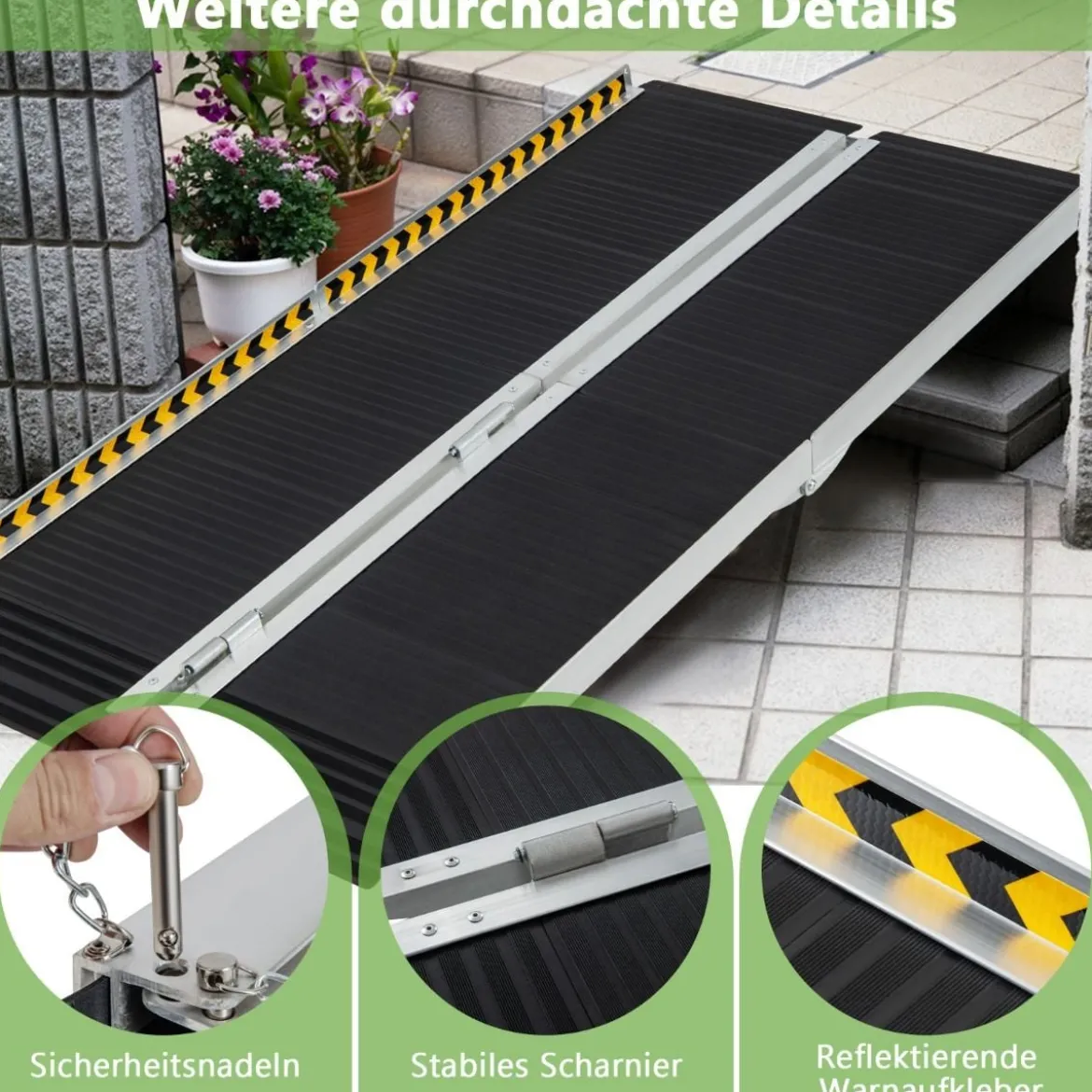 183 x 74 cm Rollstuhlrampe Tragbare & Anti-Rutsch Klapprampe bis zu 272kg Belastbar Aluminium