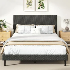 160 x 200 cm Samt-Bettgestell mit Höhenverstellbarem Chevron-Kopfteil Gepolsterte Bettrahmen Grau