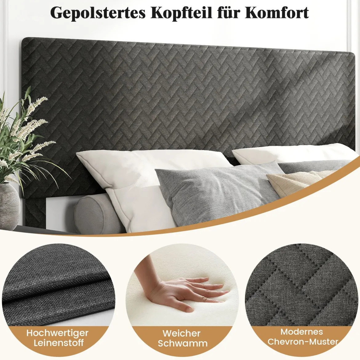 160 x 200 cm Samt-Bettgestell mit Höhenverstellbarem Chevron-Kopfteil Gepolsterte Bettrahmen Grau